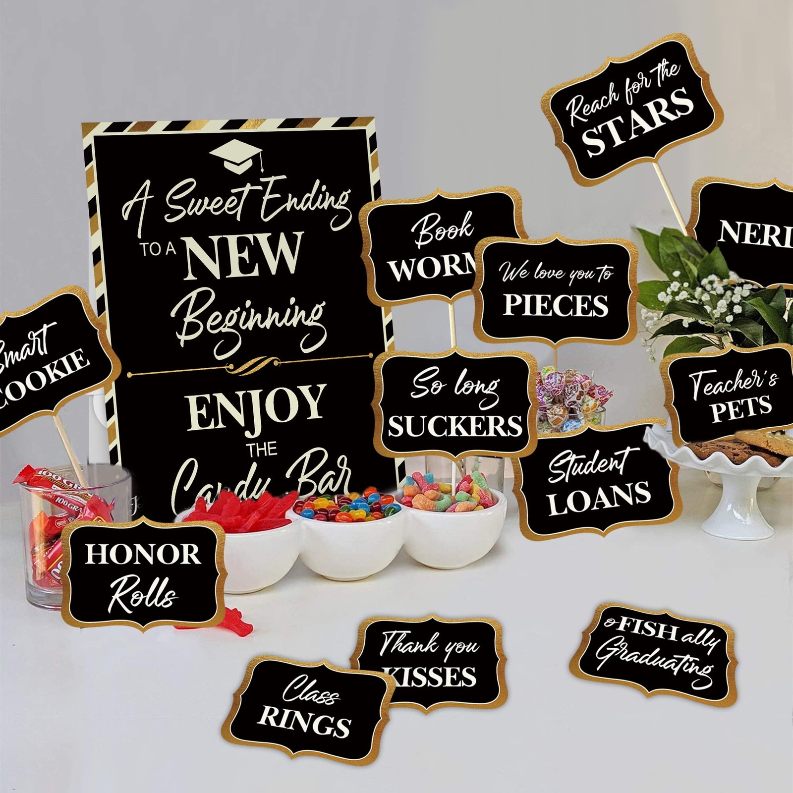 2025 Graduation Candy Buffet Signs Decorations Black Gold Grad Party Candy Bar