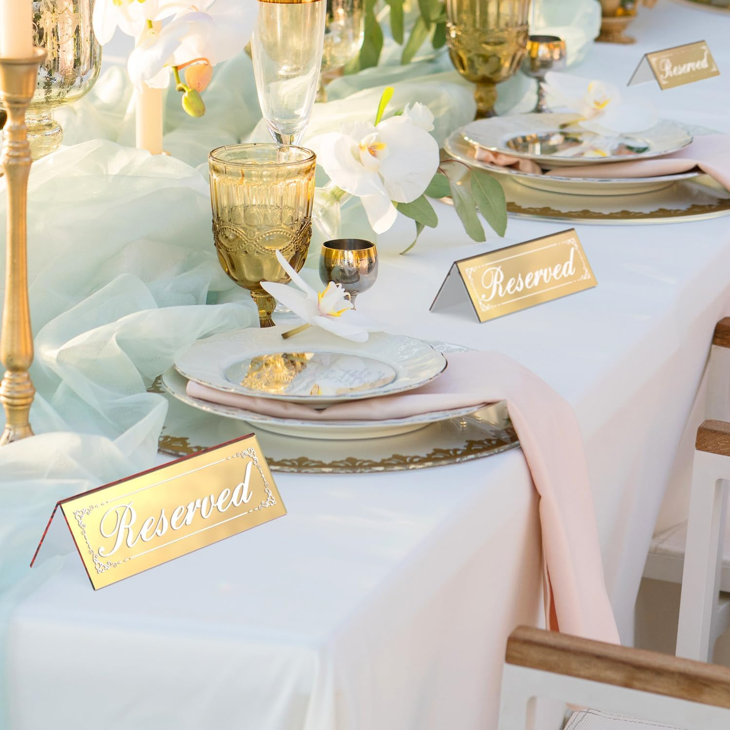 12 Pcs Mirrored Gold Reserved Table Signs, 6″ X 2″ Double-Sided Table Tent Sign