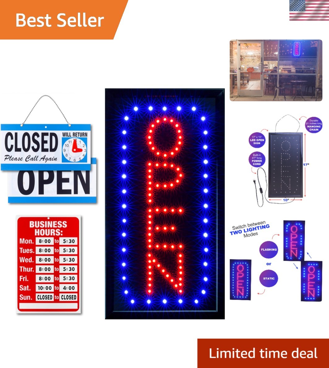Neon Open Sign for Stores – Vertical LED with Flashing Mode & Business Hours