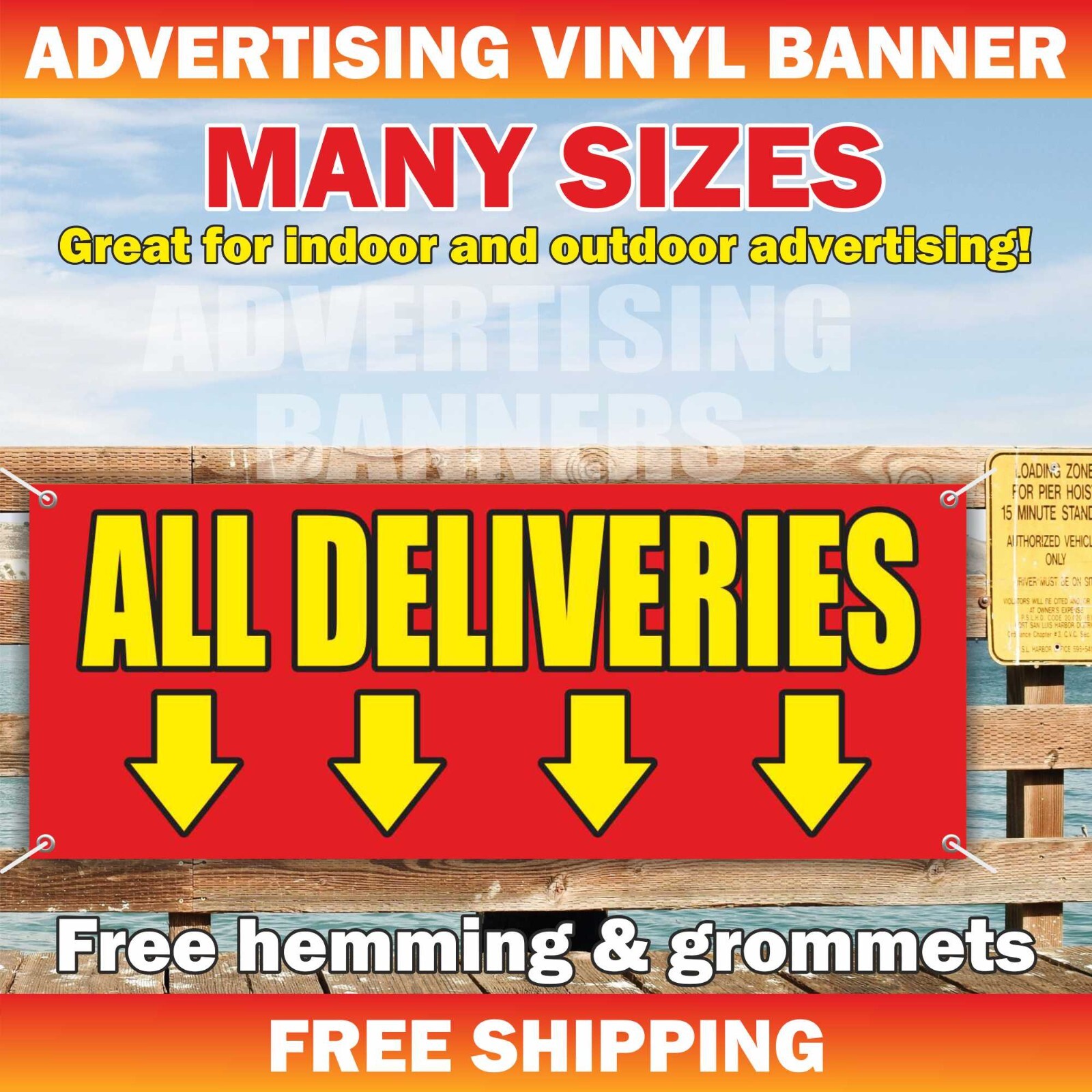 ALL DELIVERIES Advertising Banner Vinyl Mesh Sign directs arrows all shipments