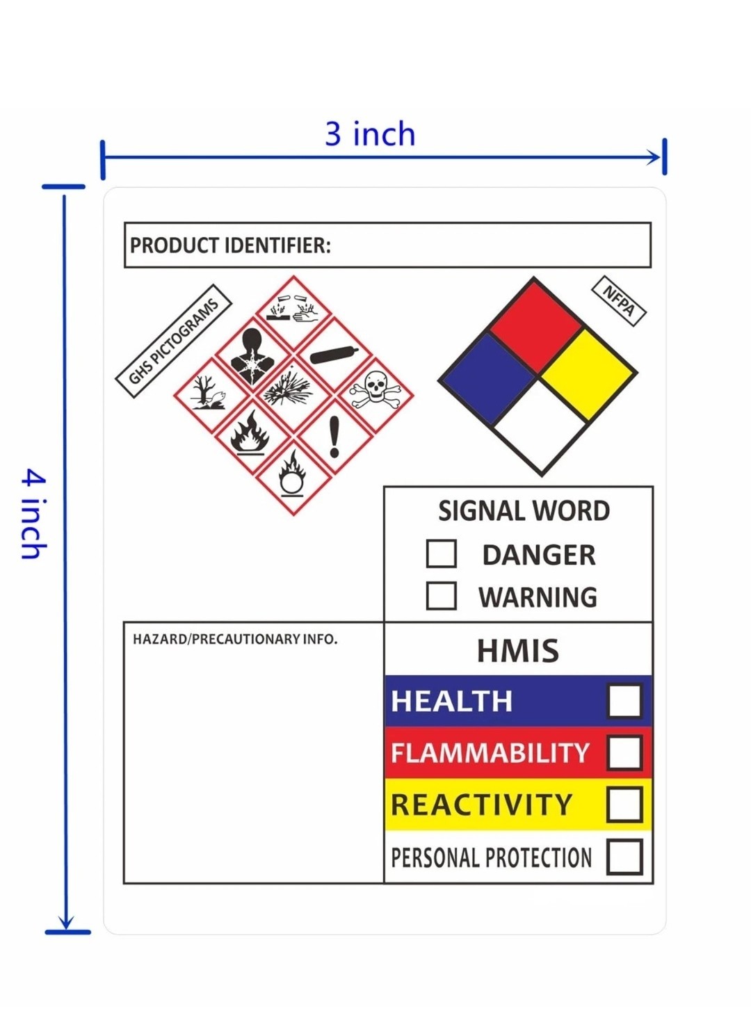 Chemical Safety Labels 4X3 Inch 100 MSDS Stickers with GHS NFPA HMIS Pictograms