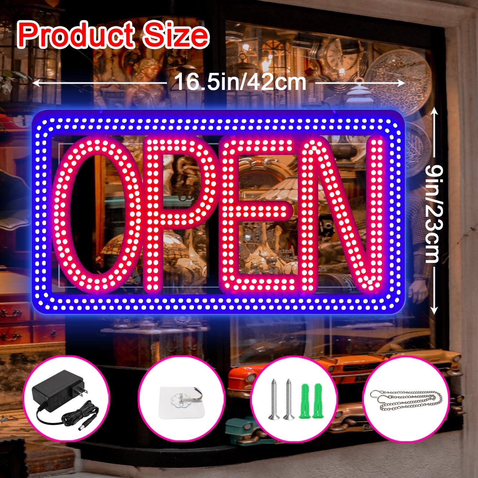 16.5″x9″ Horizontal LED Open Sign for Business – Ultra Bright & Dimmable Stor…