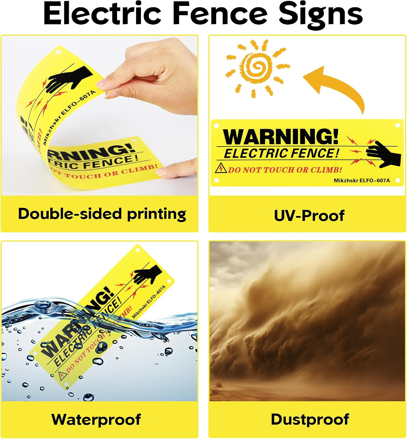 Electric Fence Warning Signs with Zip Ties 10 X 3.5 Inch Plastic Yellow Electric